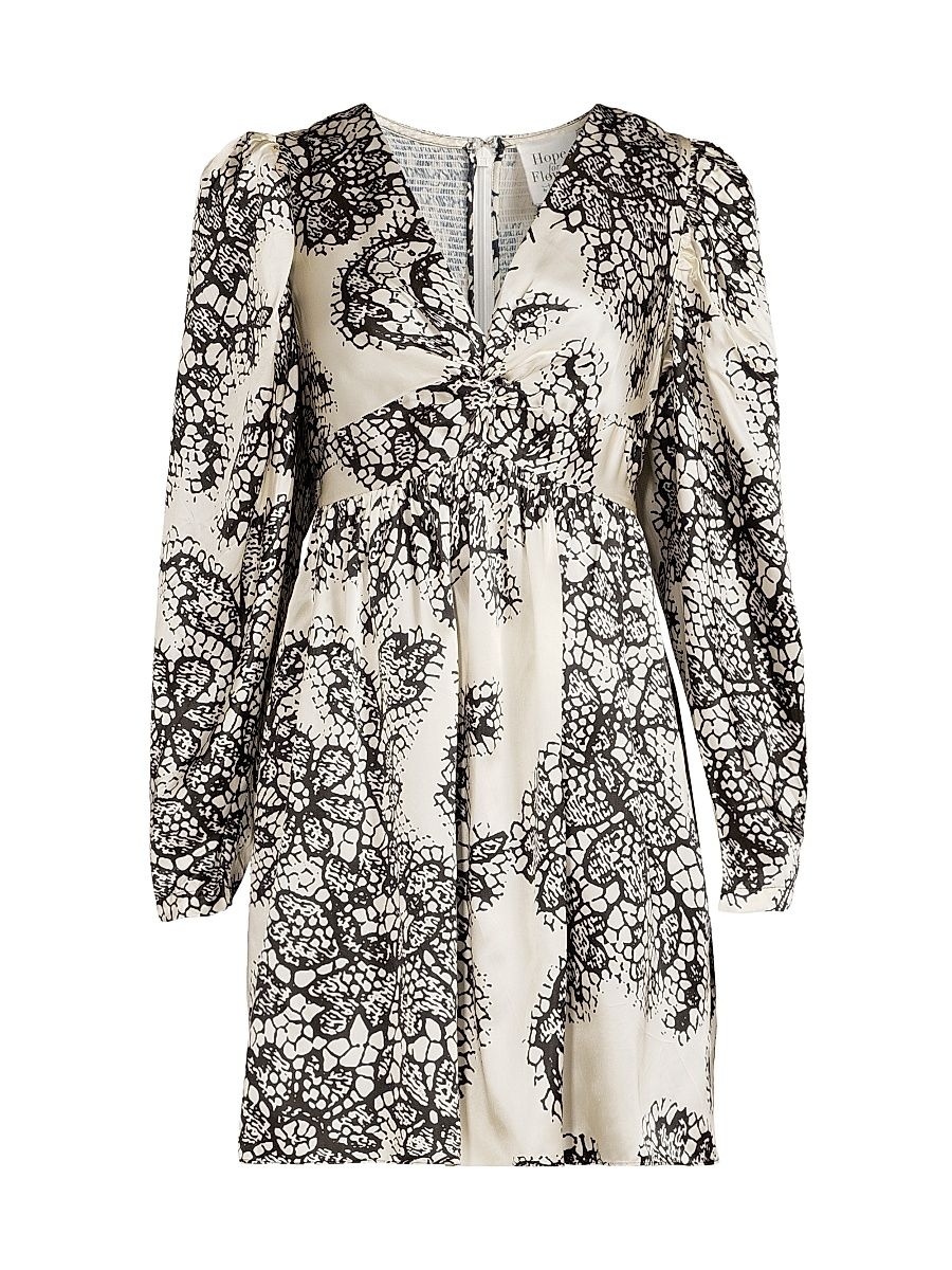 Women's Lace Print Twist-Front A-Line Minidress - Black Lace - Size Large