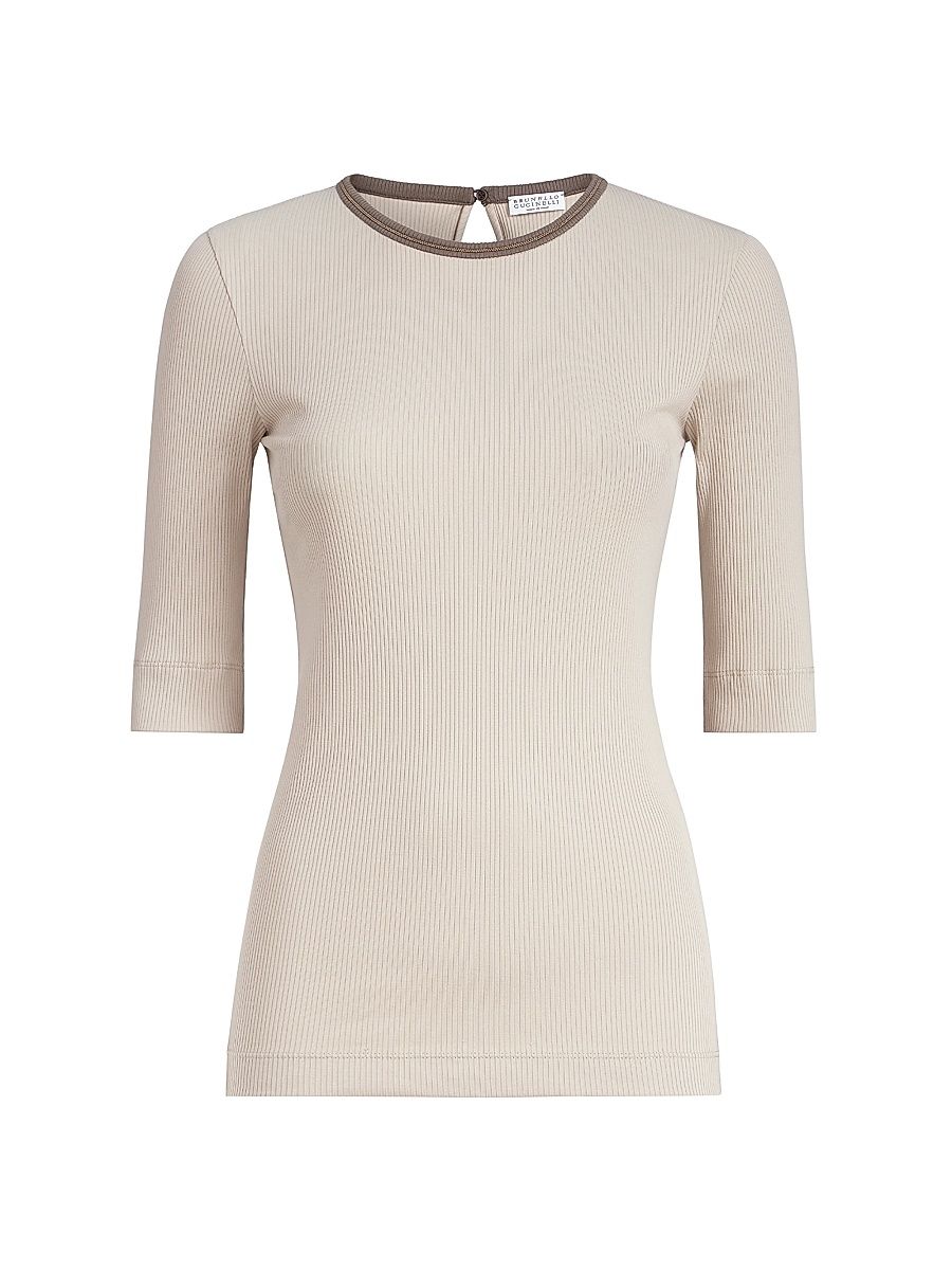 Women's Stretch Cotton Ribbed Jersey Top with Shiny Trim - Buff - Size XXXL