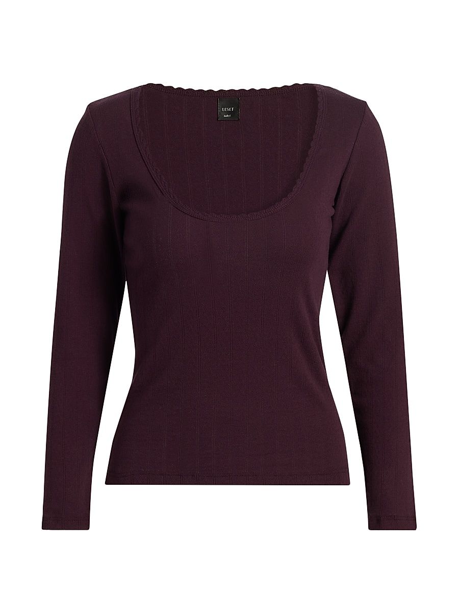 Women's Pointelle-Knit Cotton Top - Dark Berry - Size XL