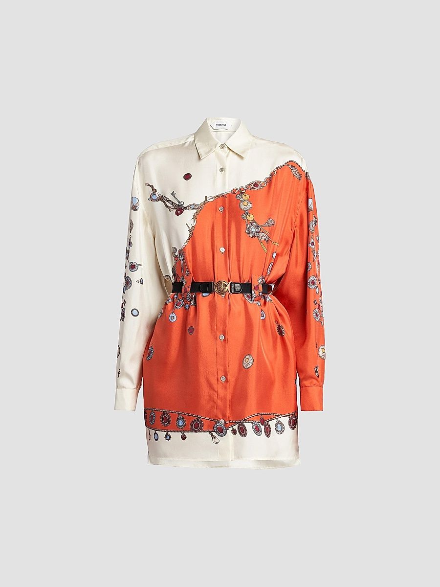 Women's La Vacanza Stolen Jewels Print Silk Shirtdress - Burgundy White Gold - Size 10