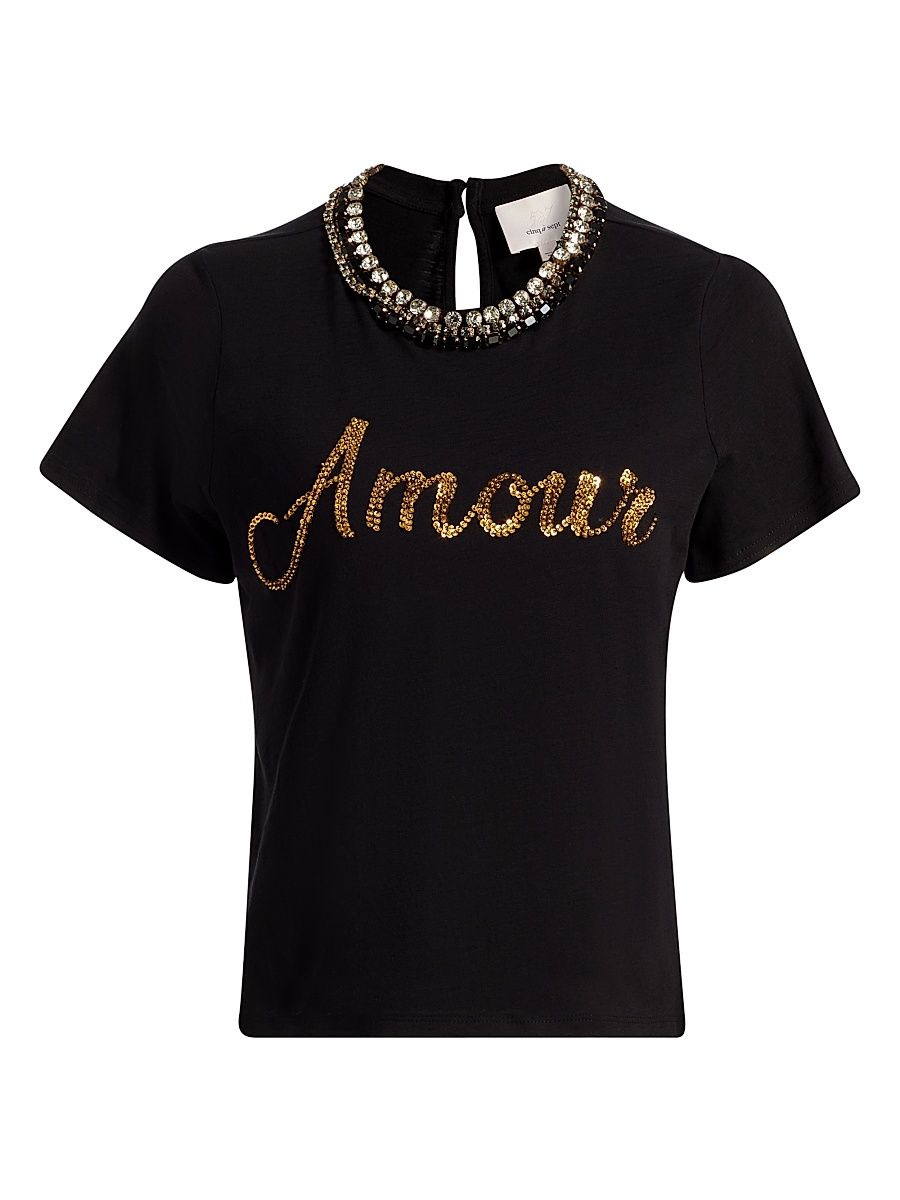 Women's Crushed Sequin Love Letter Shrunken T-Shirt - Black Gold - Size Large