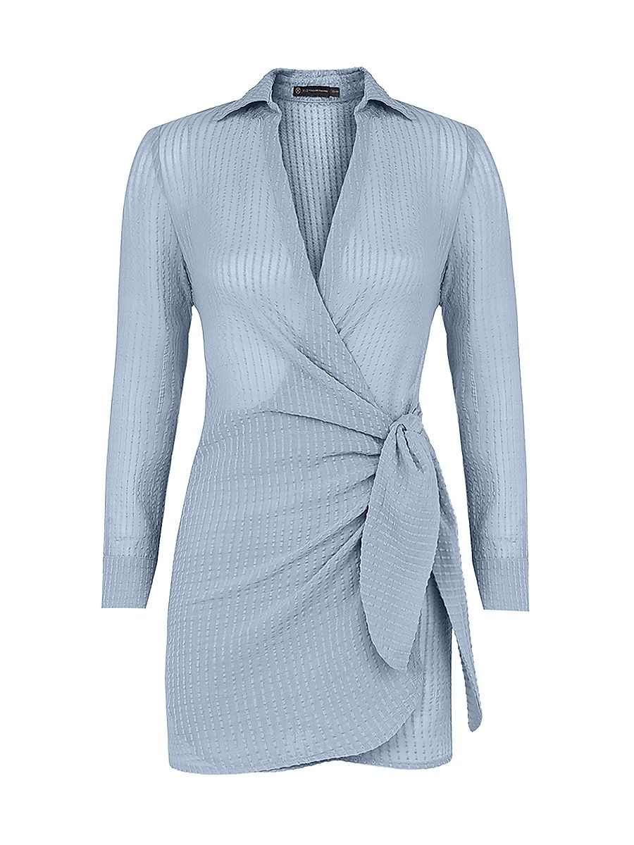 Women's Lia Cotton Tie-Waist Mini-Shirtdress - Blue - Size Large