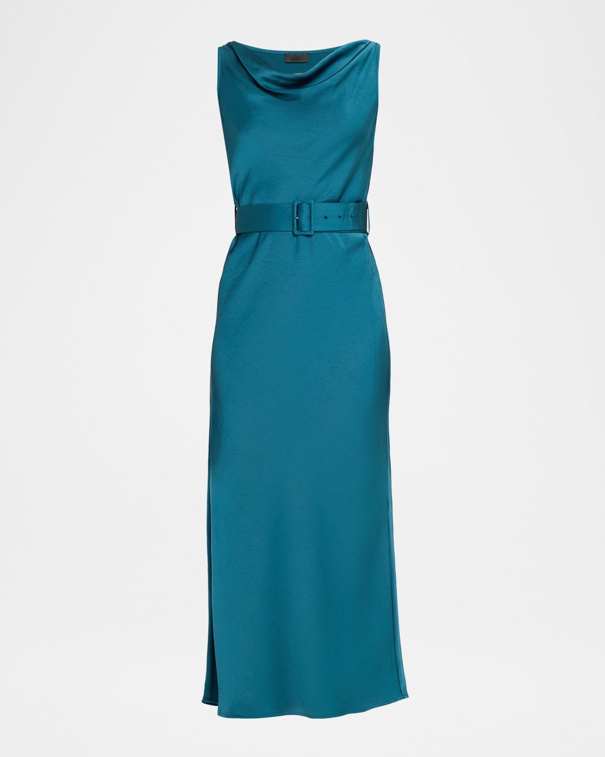 Cowl-Neck Satin Belted Sleeveless Midi Dress