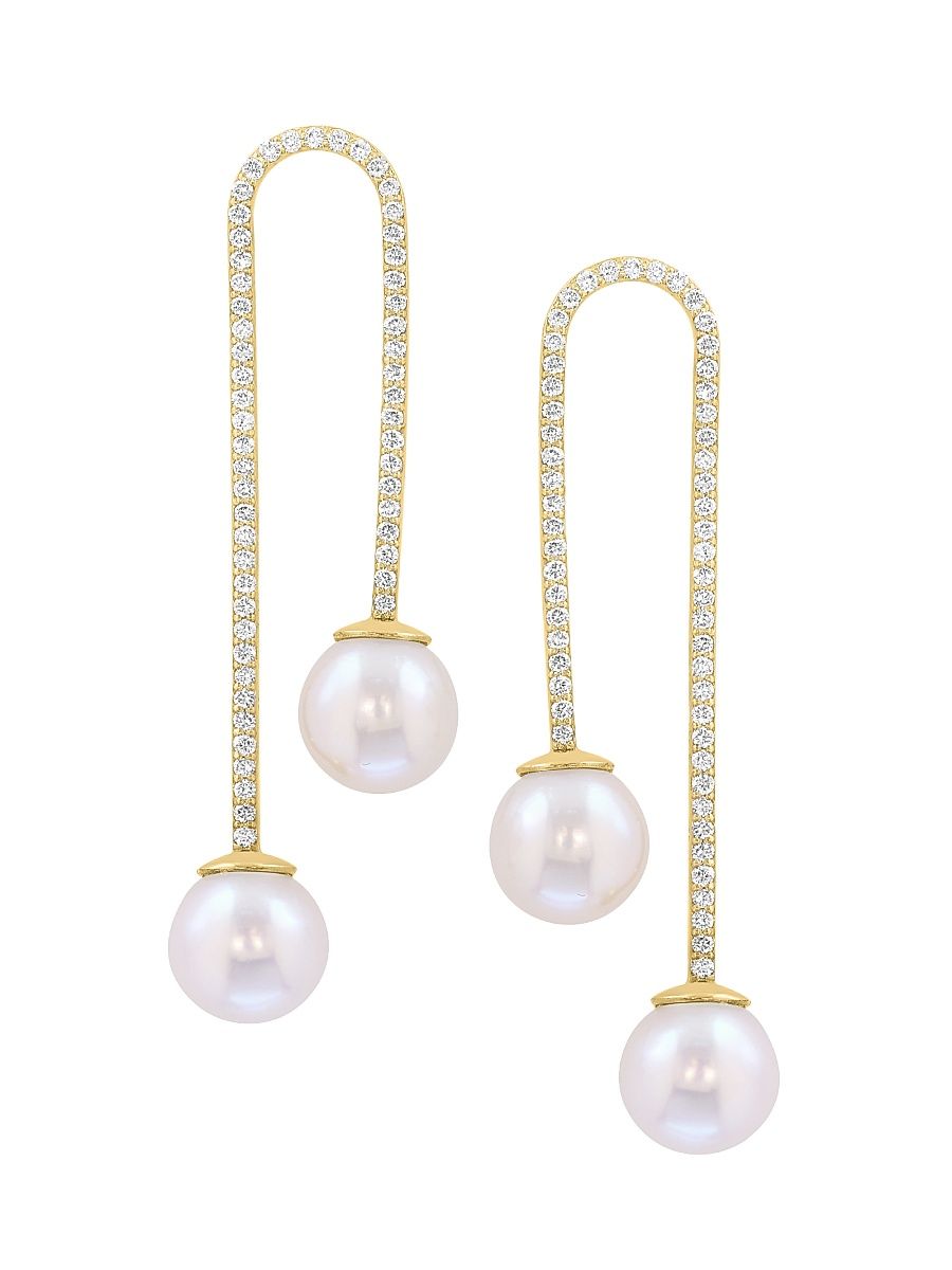 Women's 14K Yellow Gold, Cultured Freshwater Pearl, & 0.65 TCW Diamond Drop Earrings - Yellow Gold