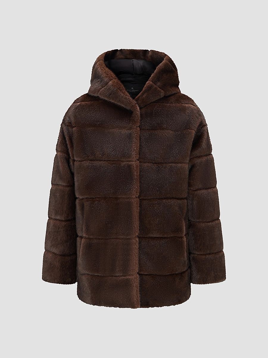 Lyla Grant Women's Faux Fur Mink Jacket with Hood - Dark Brown - Size XS