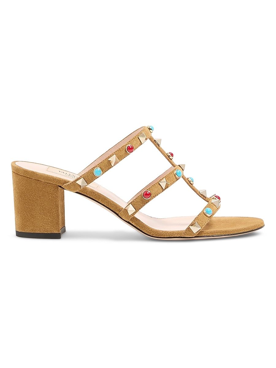 Women's Rockstud Slide Sandals in Suede with Cabochon Stones 60MM - Havana Beige - Size 5
