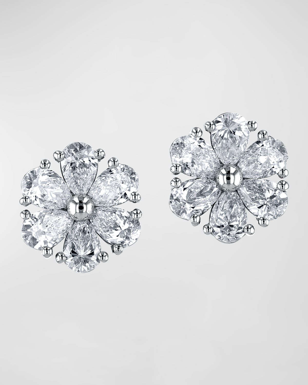 18K Gold Pear-Shaped Diamond Flower Stud Earrings, 2.4tcw, 0.45"L / 0.45"W