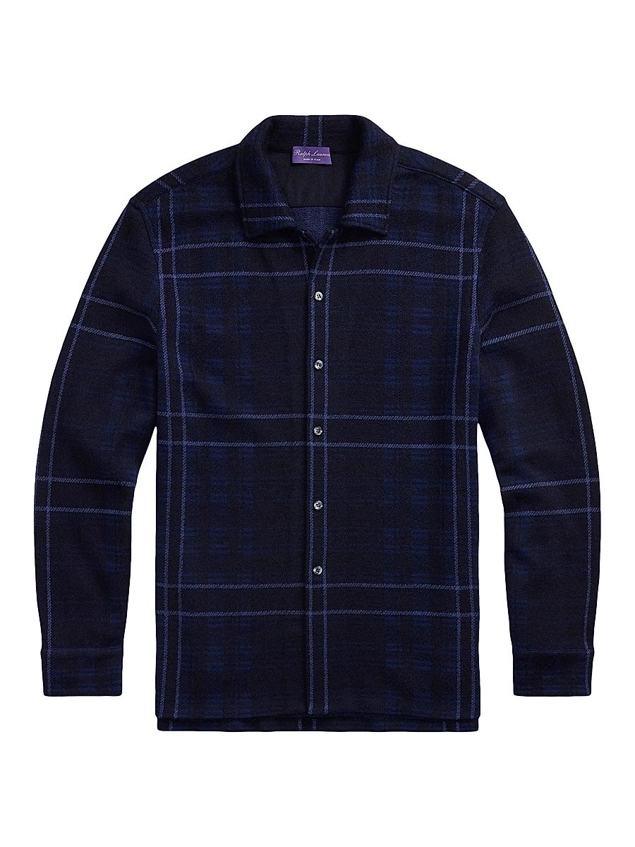 Men's Plaid Cashmere Shirt Sweater - Navy Multi - Size XL