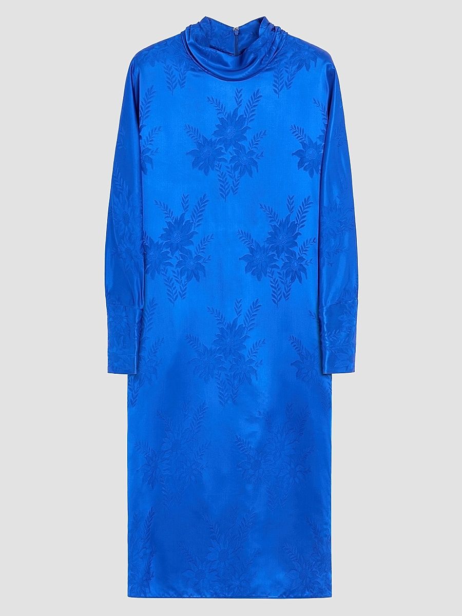 Women's Midi Dress in Shiny-Matte Flowerism Sunflowers Jacquard - Cobalt - Size 6