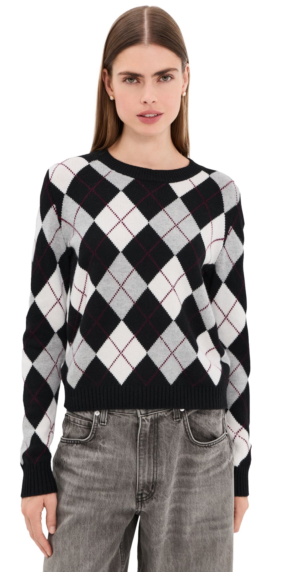 LISA YANG Antoni Cashmere Argyle Sweater Black/Cream/DoveGrey/DeepPlum 1