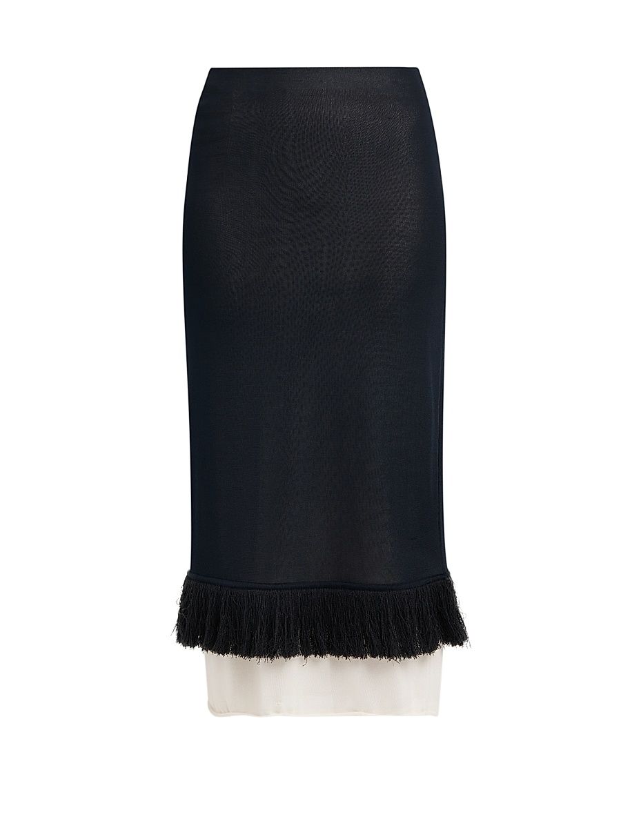 Women's Layered Fringe-Hem Fluid Silk-Knit Midi-Skirt - Midnight Blue - Size Medium