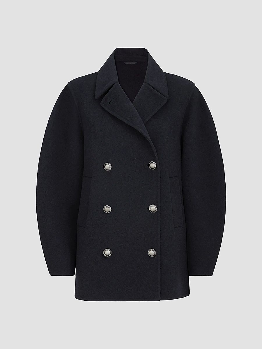 Brunello Cucinelli Women's Hand-Crafted Pea Coat in Virgin Wool and Cashmere Double Cloth with Monili - Cobalt - Size 2
