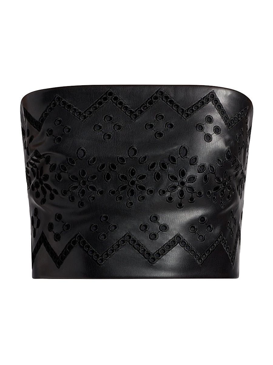 Women's Lois Eyelet Embroidered Faux Leather Top - Black - Size Large