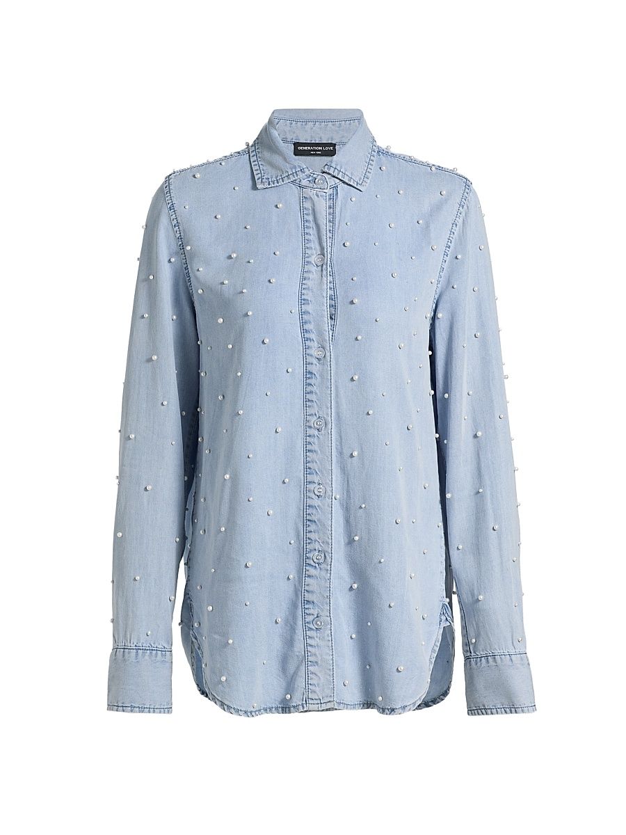 Women's Marcello Imitation Pearl-Embellished Shirt - Light Blue Pearl - Size XL