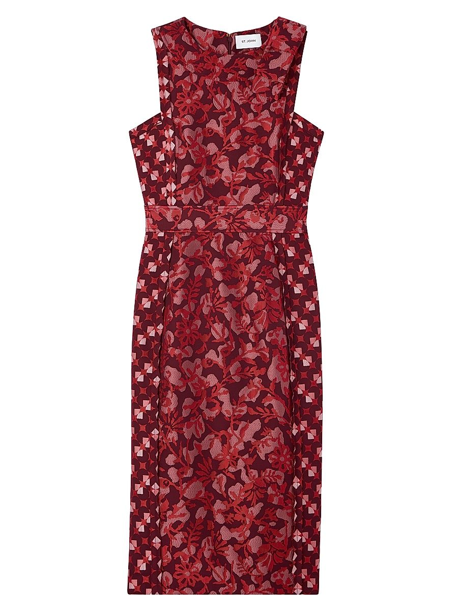 Women's Evening Floral Jacquard Midi-Dress - Cranberry Multi - Size 10
