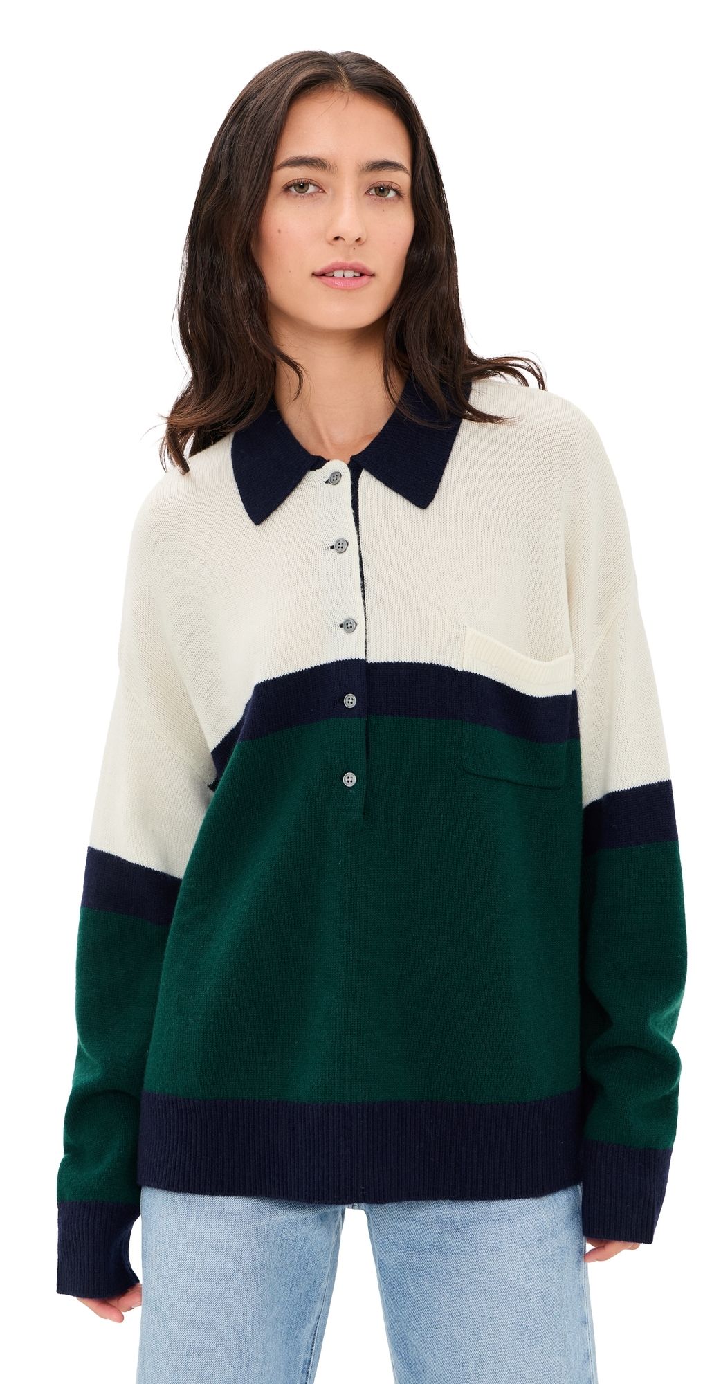 Good American The Oversized Rugby Sweater Forest Blocked Stripe L