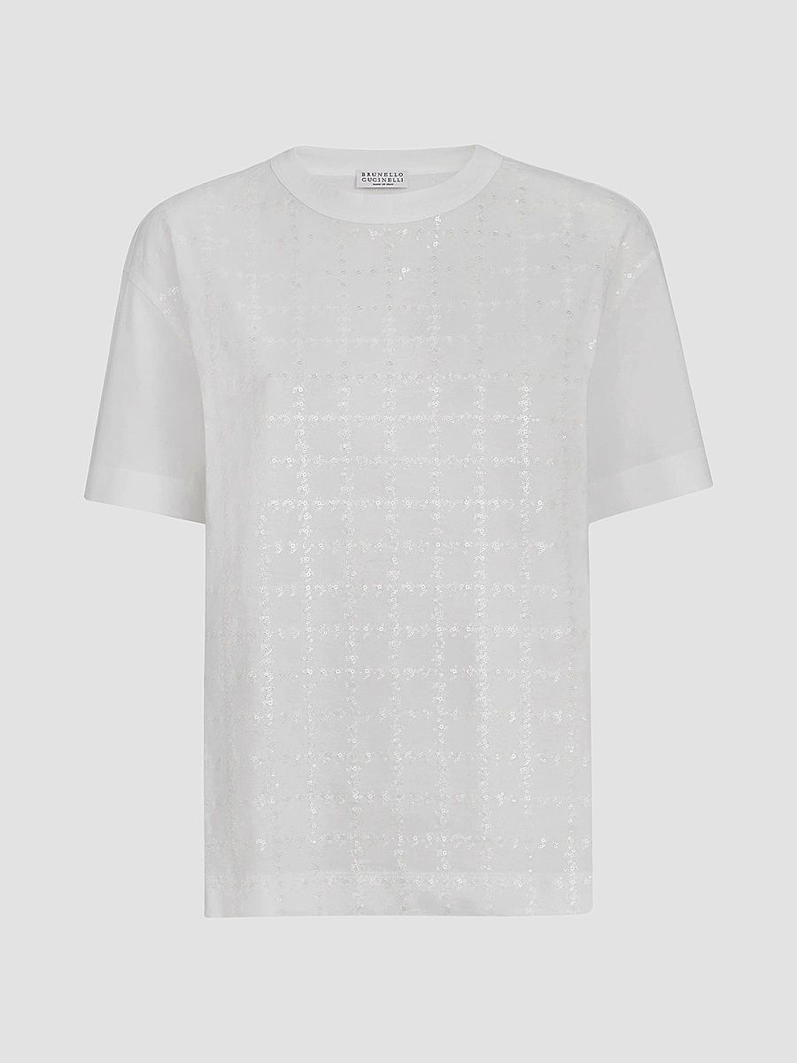 Women's Cotton Jersey T-Shirt with Dazzling Windowpane Embroidery - White - Size XXXL