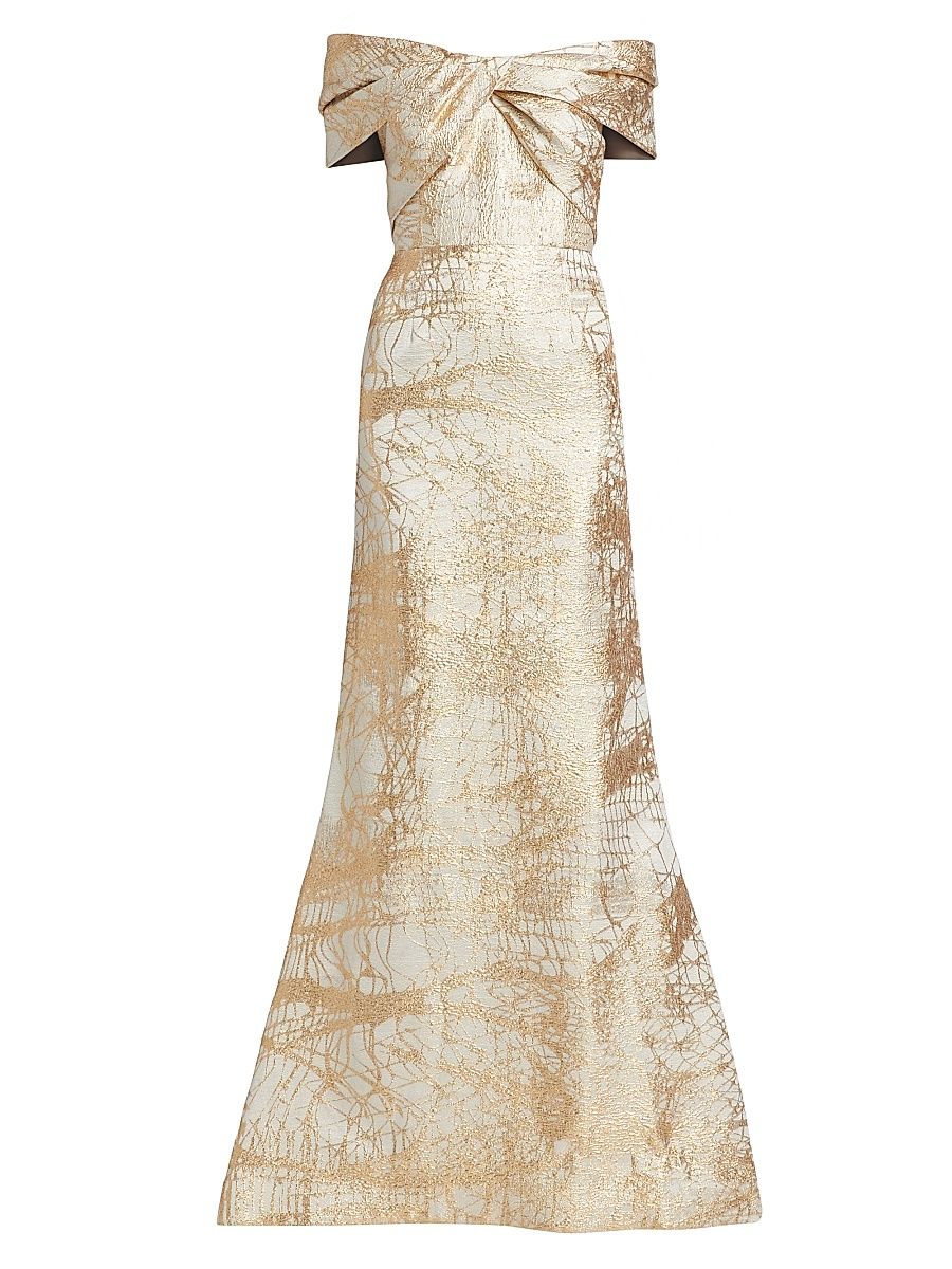 Women's Metallic Jacquard Off-The-Shoulder Mermaid Gown - Ivory Gold - Size 16