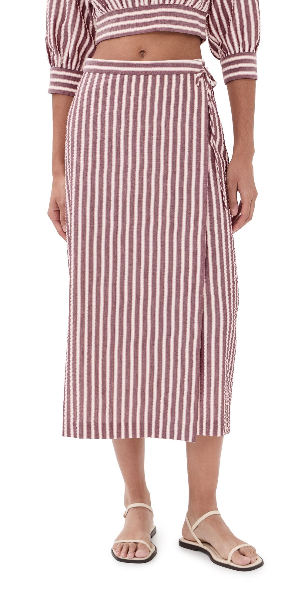 SIMKHAI Monty Wrap Midi Skirt Oxblood Stripe M