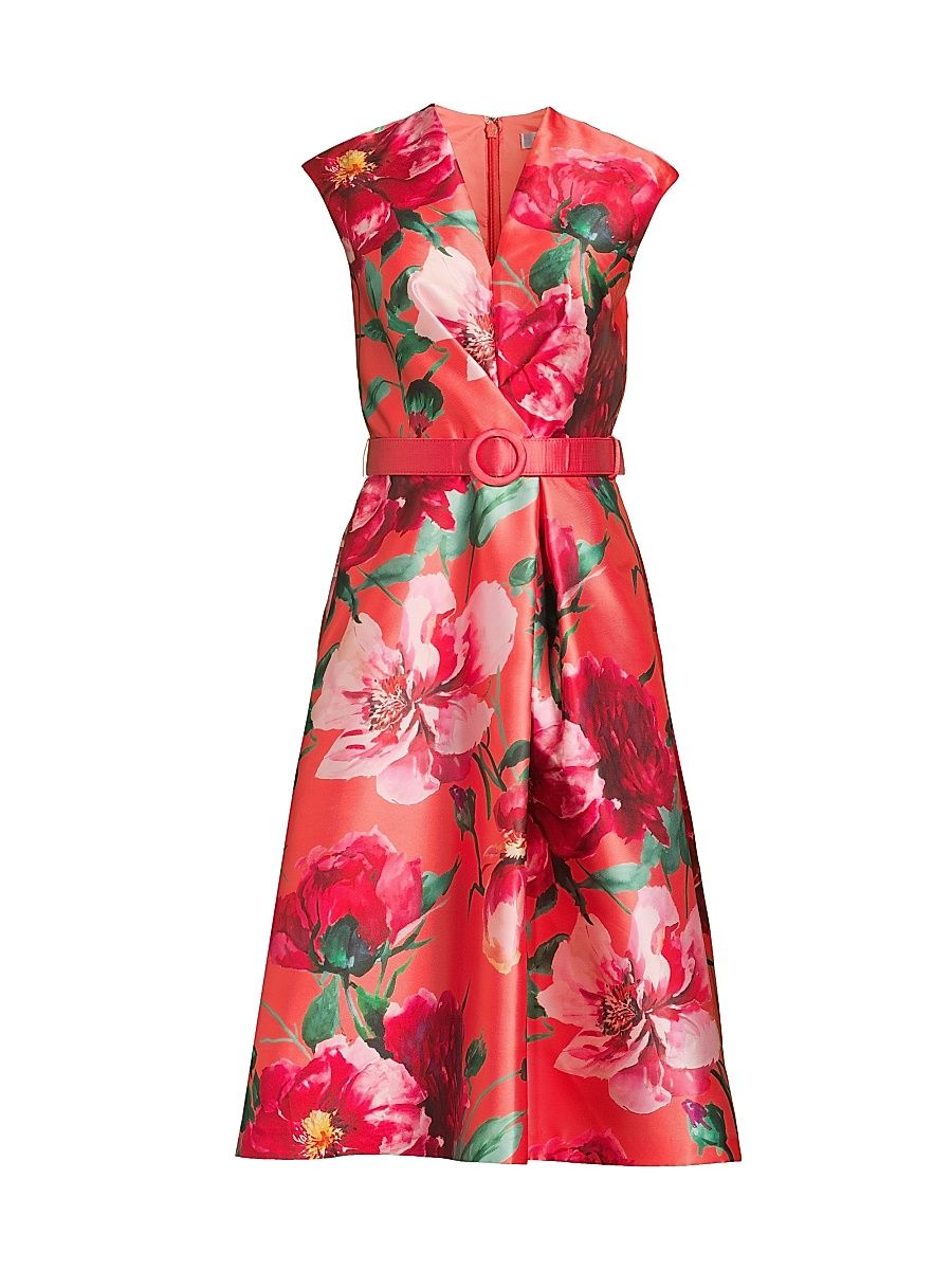 Women's Rosemund Floral Mikado Midi-Dress - Vermillion Multi - Size 8