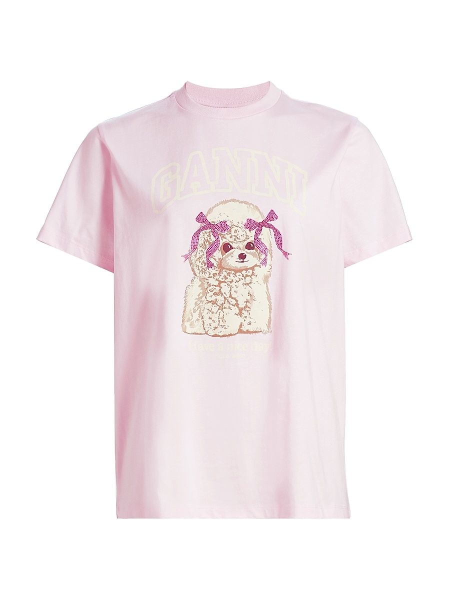 Women's Embellished Printed Cotton Jersey T-Shirt - Chalk Pink - Size XXS