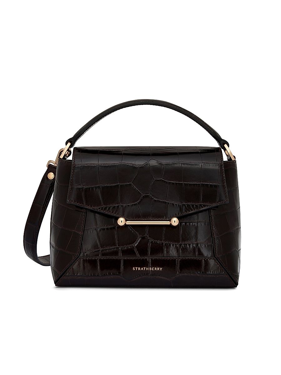 Women's Large Mosaic Croc-Embossed Leather Top Handle Bag - Mahogany