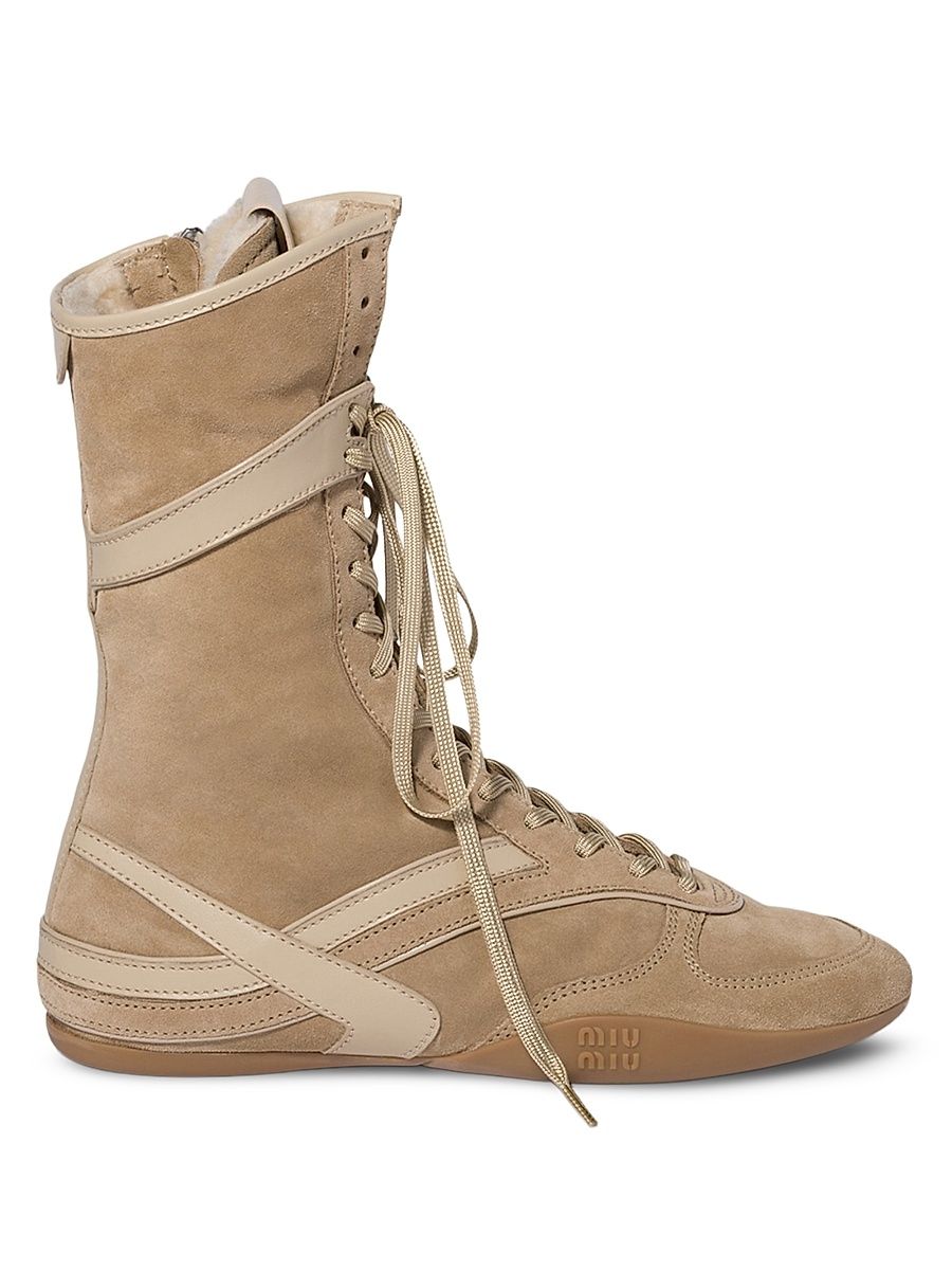 Women's Gymnasium Suede and Shearling Boxer Boots - Beige Khaki - Size 10