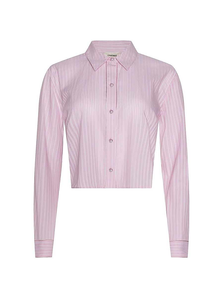 Women's Cosette Striped Cotton Crop Shirt - Cameo Pink Ivory Stripe - Size XL