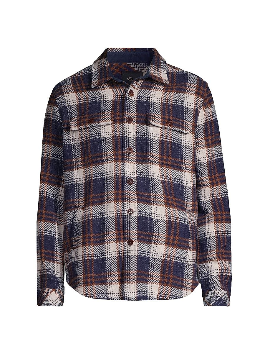 Men's Berkshire Herringbone Plaid Button-Front Shirt Jacket - Navy Umber Cream - Size Medium
