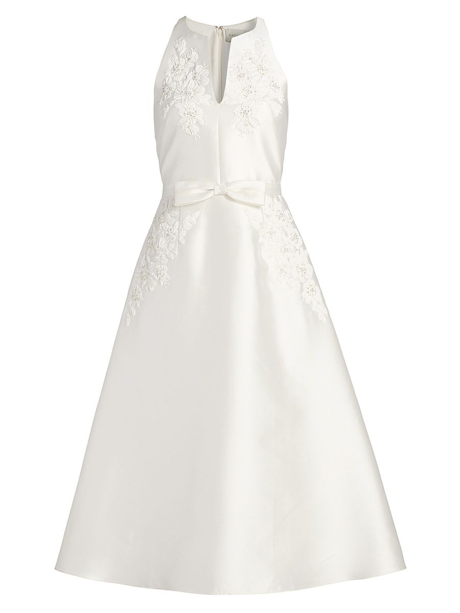 Women's Allison Embroidered Satin Fit & Flare Midi-Dress - Ivory - Size 10