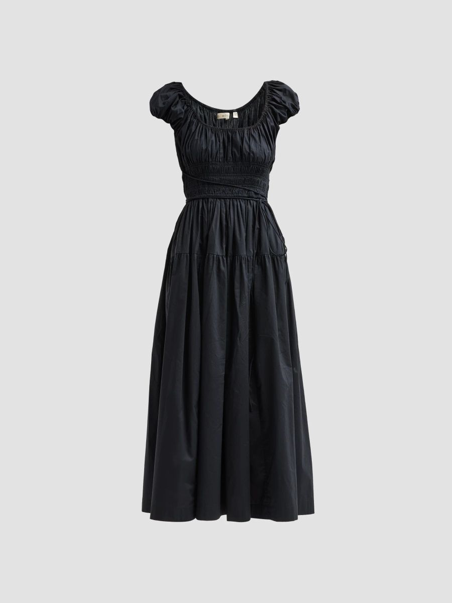 DÔEN Women's Quinelle Cotton Gathered Midi Dress - Black - Size Large