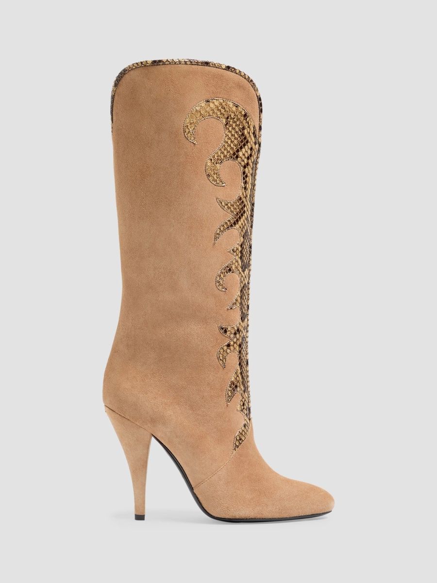 Valentino Women's Boutade Suede 105MM Boots with Python Details - Camel - Size 10