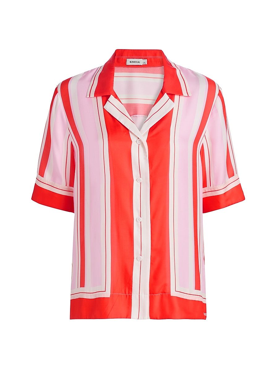 Women's Koda Silk-Blend Short-Sleeve Shirt - Tulip Stripe - Size XS