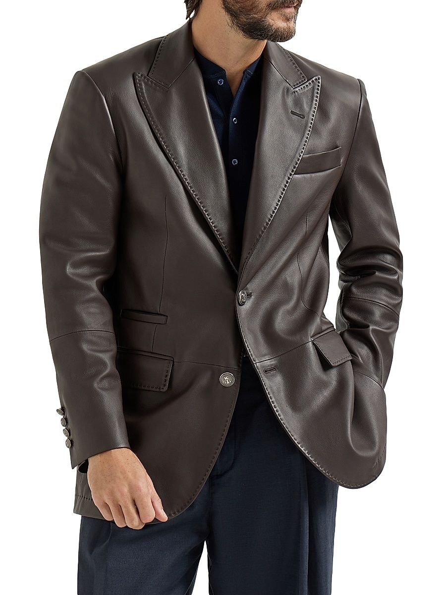 Men's Matte Calfskin Blazer with Peak Lapels - Chocolate - Size XXL