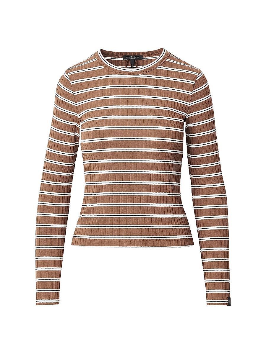 Women's Luca Striped Rib-Knit Long-Sleeve Top - Toffee Multi - Size Large