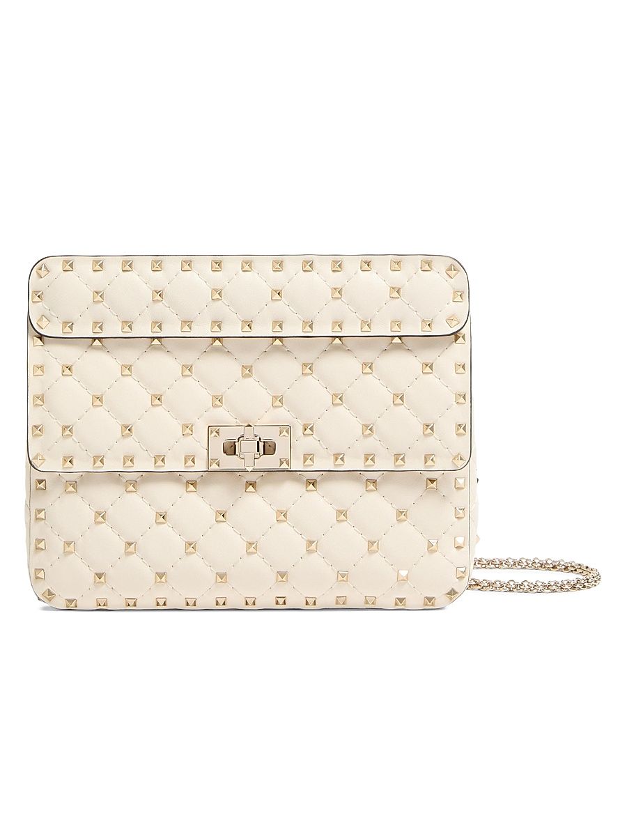 Women's Medium Nappa Rockstud Spike Shoulder Bag - Beige