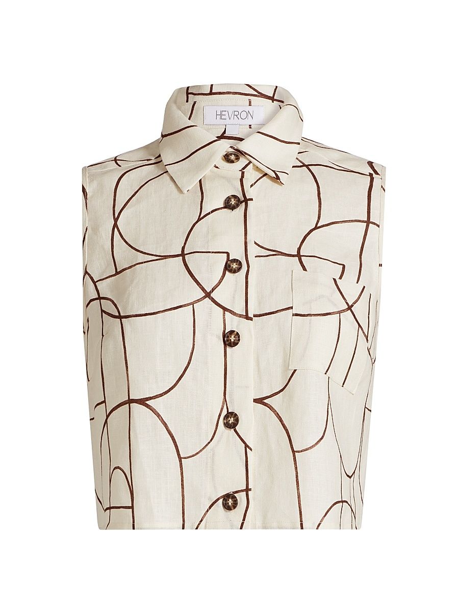 Women's Katja Geo Print Button-Front Top - Brown Geo Print - Size Large