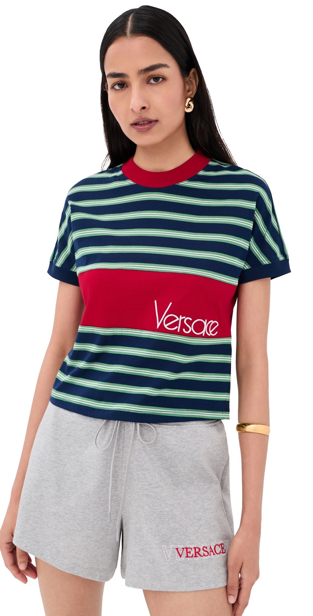 Versace Striped Cotton Jersey with Intarsia Jersey Ink/Grass Green/White 44