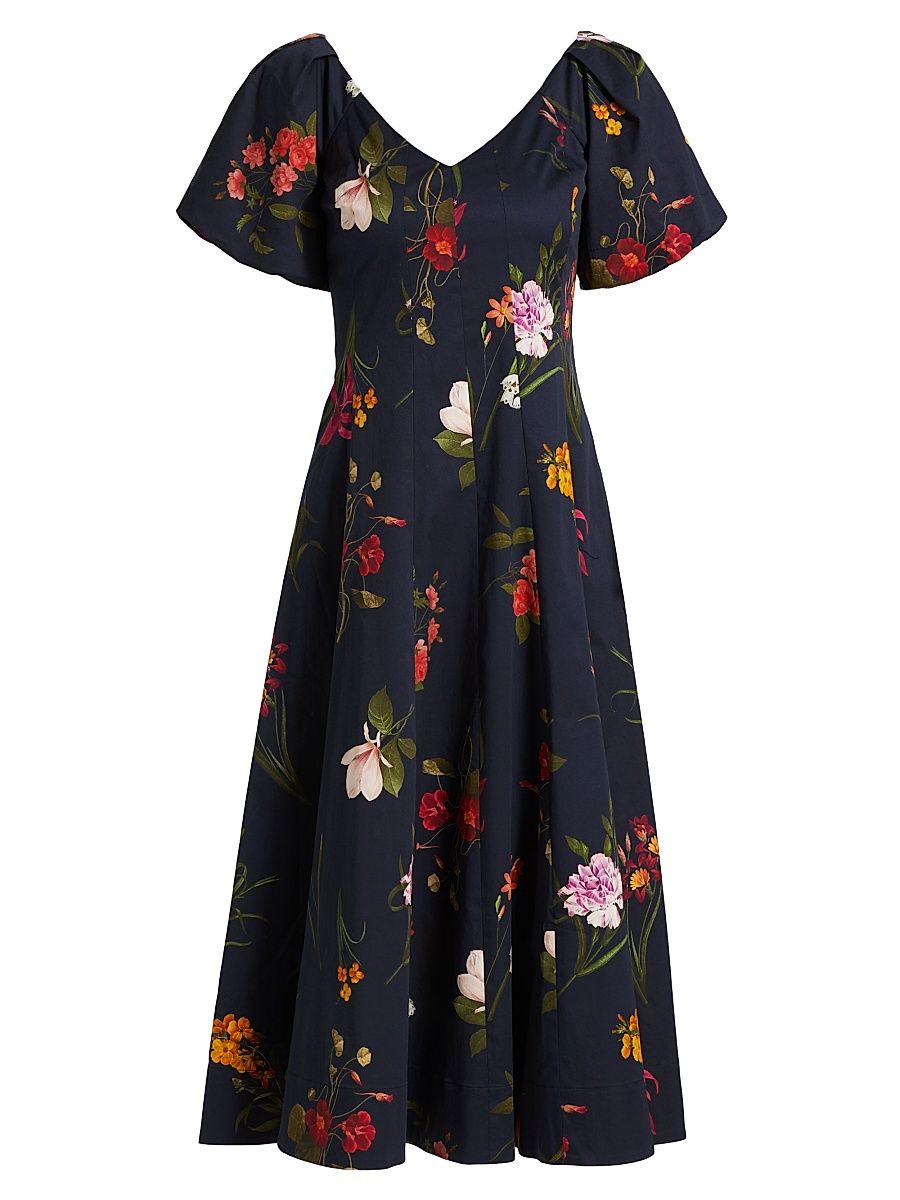Women's Magnolia Floral Puff-Sleeve Cocktail Dress - Dark Midnight Bouquet - Size 8