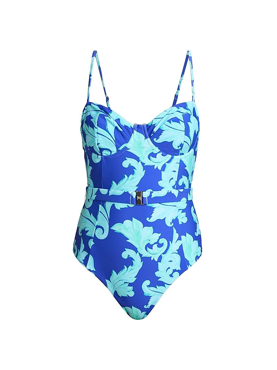 Women's Canopee Graphic Belted One-Piece Swimsuit - Blue Multi - Size Large