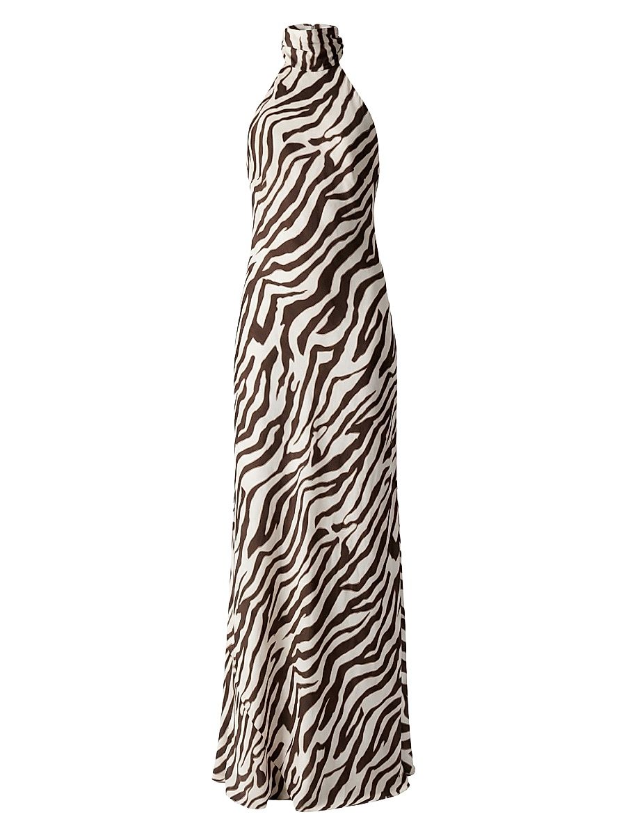 Women's Alina Striped Halterneck Column Gown - Natural Zebra - Size 12