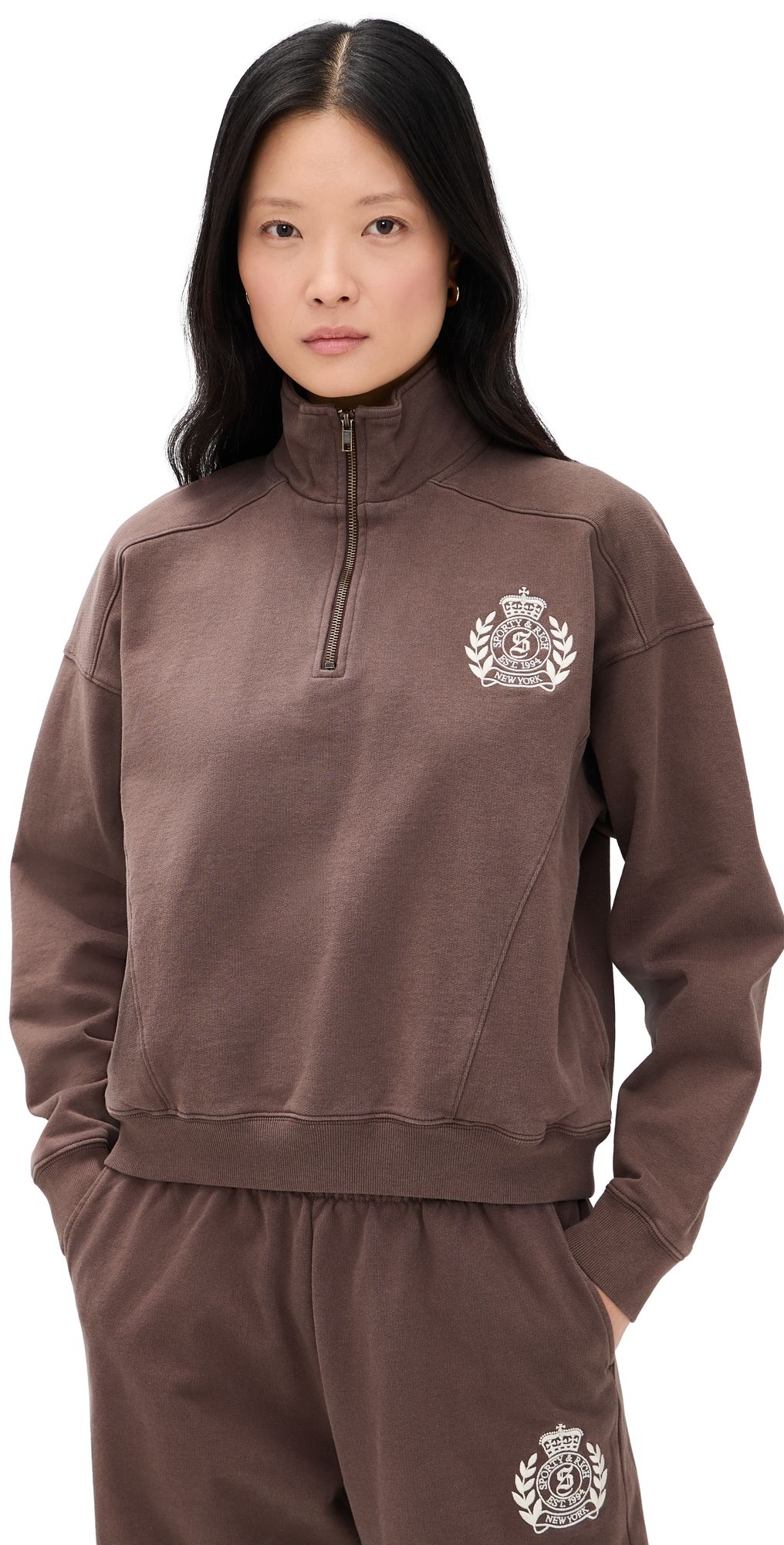 Sporty & Rich NY Crest Embroidered Quarter Zip Sweatshirt Chocolate M