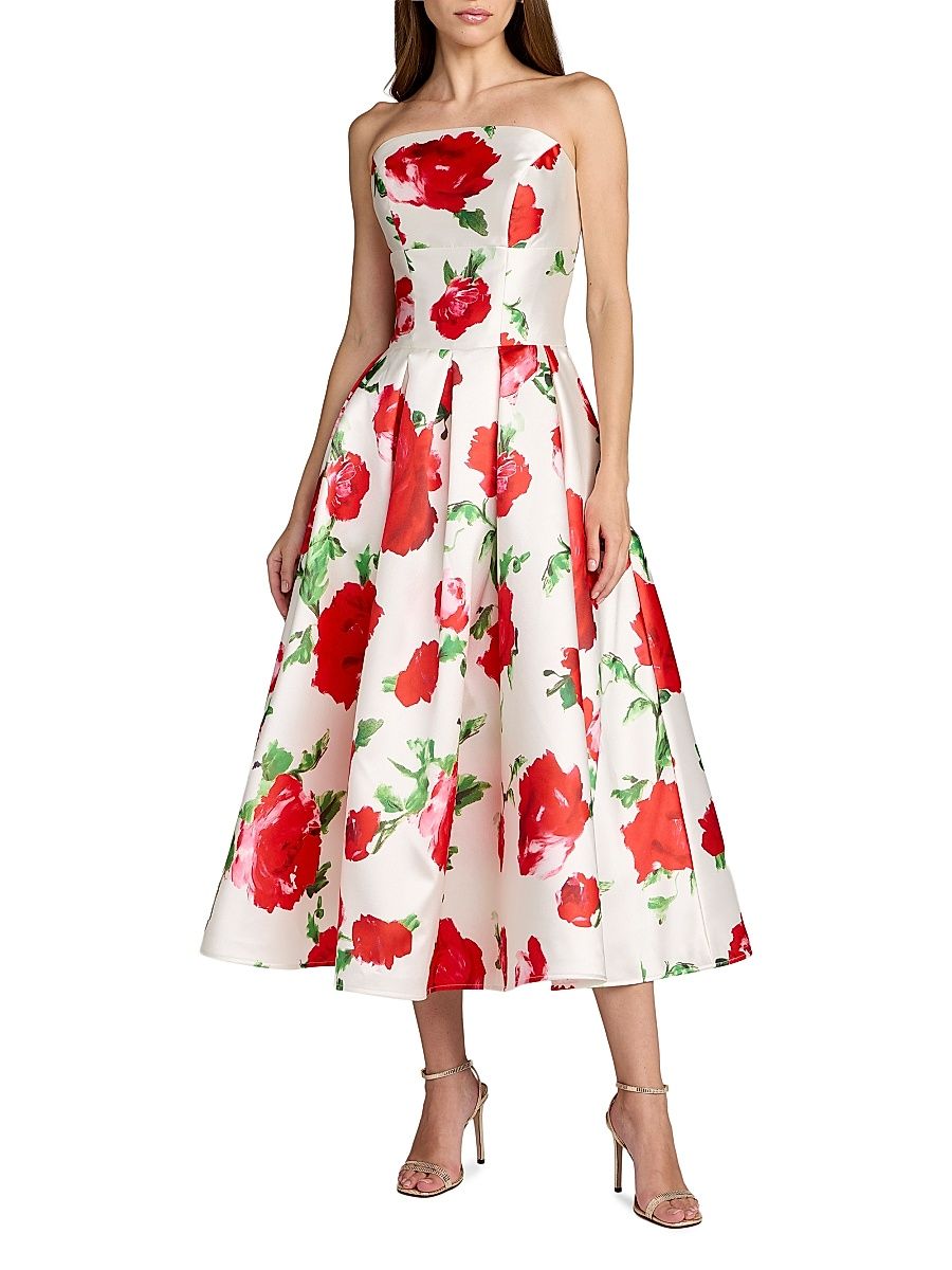 Women's Floral Strapless Satin Midi-Dress - Rose Multi - Size 14