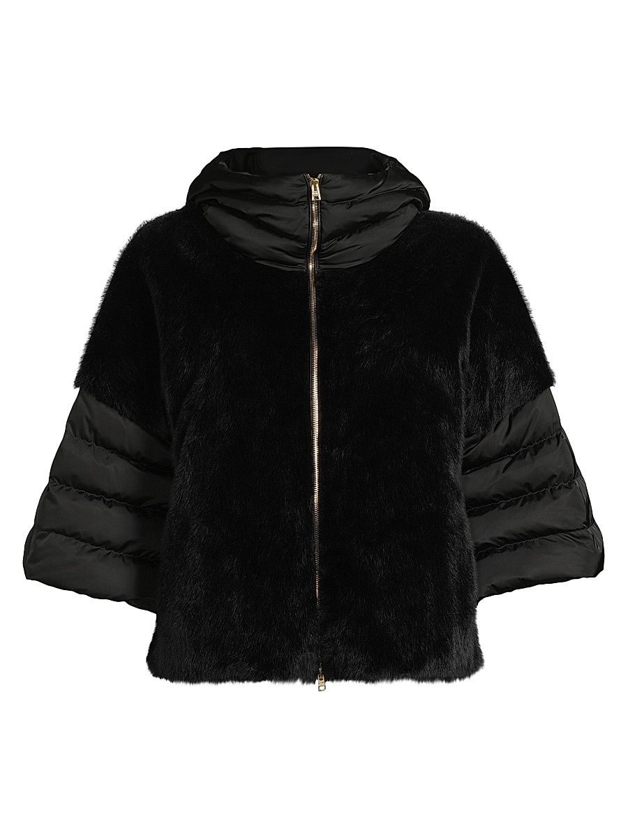 Women's Faux Fur-Satin Down Jacket - Nero - Size 8