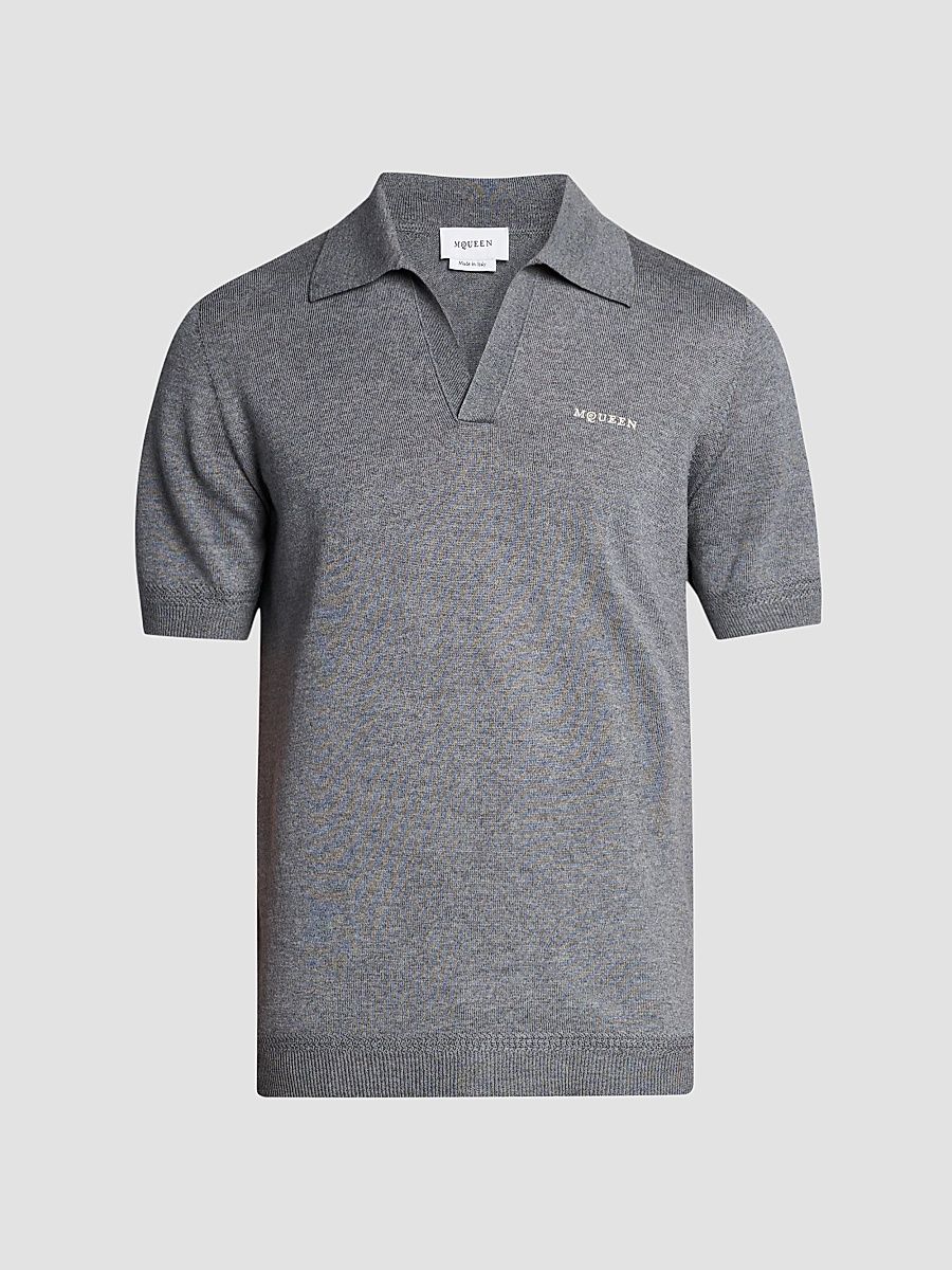 Men's Embroidered Wool Polo Shirt - Grey Ivory - Size 46
