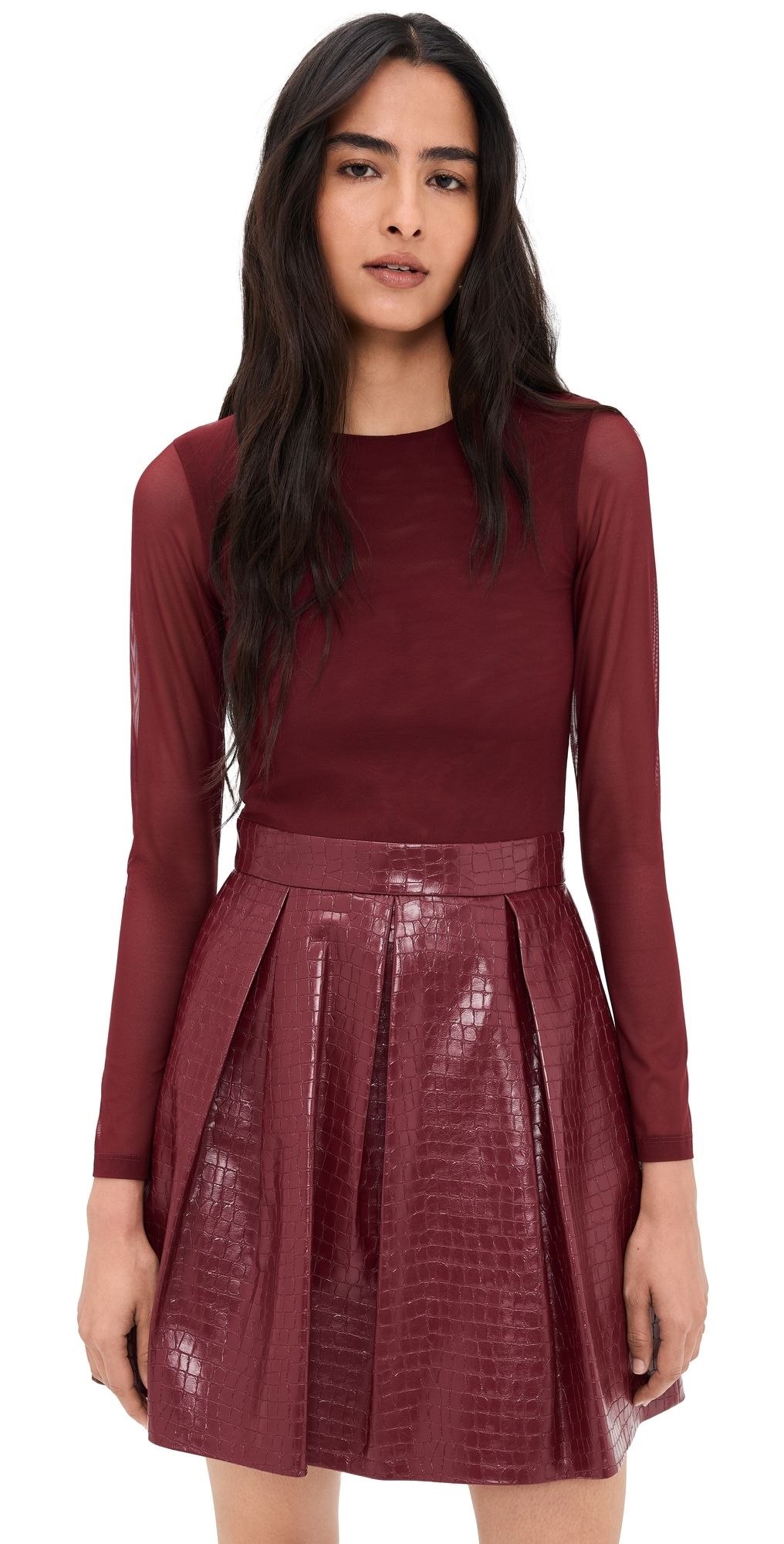 ALICE + OLIVIA Chara Faux Croc Pleated Party Dress Oxblood 6
