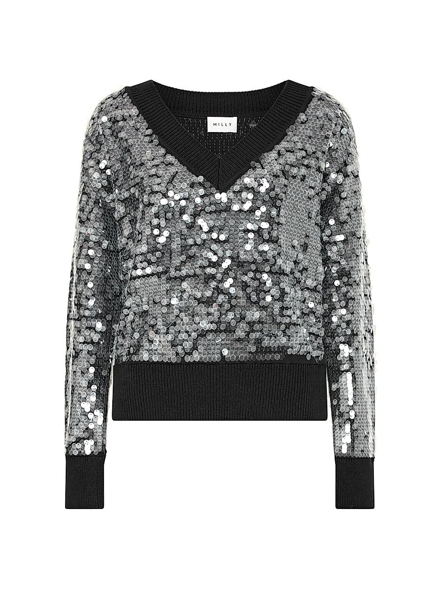 Women's Ilaria Sequined V-Neck Sweater - Black - Size Large