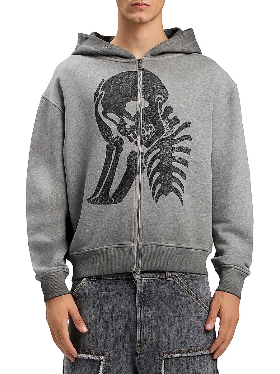 Men's Skull-Print Logo Zip-Front Hoodie - Melange Grey Black - Size Large