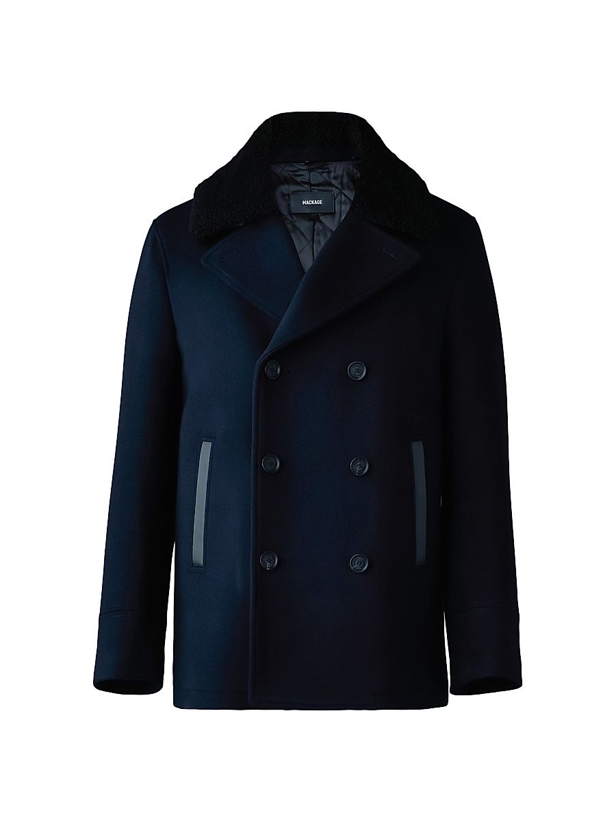 Men's Cole Wool Double-Breasted Shearling-Collar Jacket - Navy - Size 36