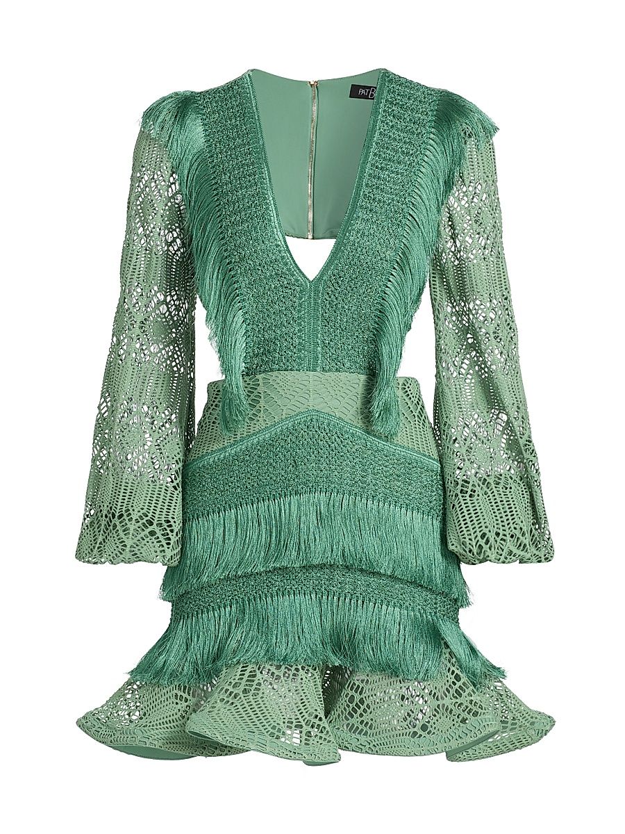 Women's Samba Fringed Bishop-Sleeve Minidress - Light Green - Size 8